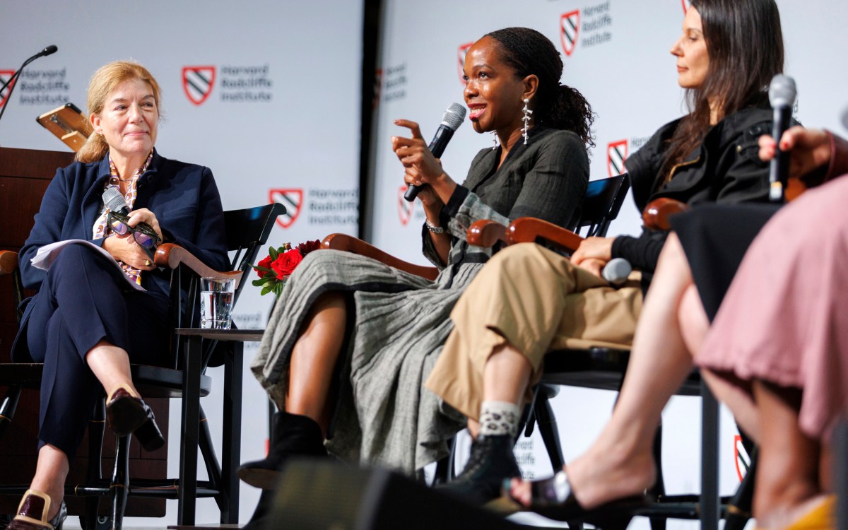 Claire Messud (from left) with speakers Imani Perry and Clarissa Tossin onstage at the Knafel Center.