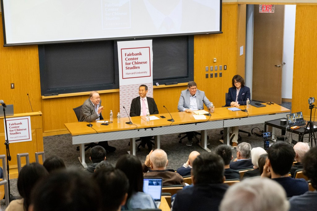 Joseph Fewsmith (from left), Mark Wu, Anthony Saich, and Yuhua Wang speaking during the event.