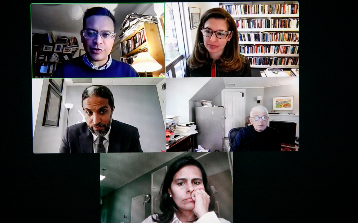 ana Mitter (clockwise from top left), Melanie Cammett (moderator), Timothy Colton, Diana Durán Nuñez, and Ziad Daoud on Zoom screen.