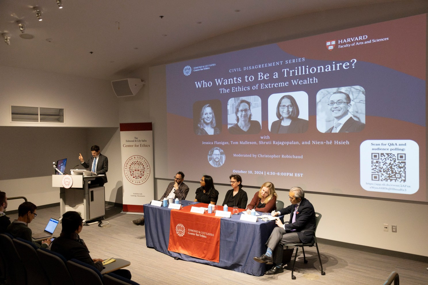 Eric Beerbohm (from left) with panelists Christopher Robichaud, Shruti Rajagopalan, Tom Malleson, Jessica Flanigan, and Nien-hê Hsieh.