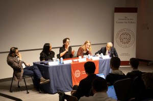 Eric Beerbohm (from left) with panelists Christopher Robichaud, Shruti Rajagopalan, Tom Malleson, Jessica Flanigan, and Nien-hê Hsieh.