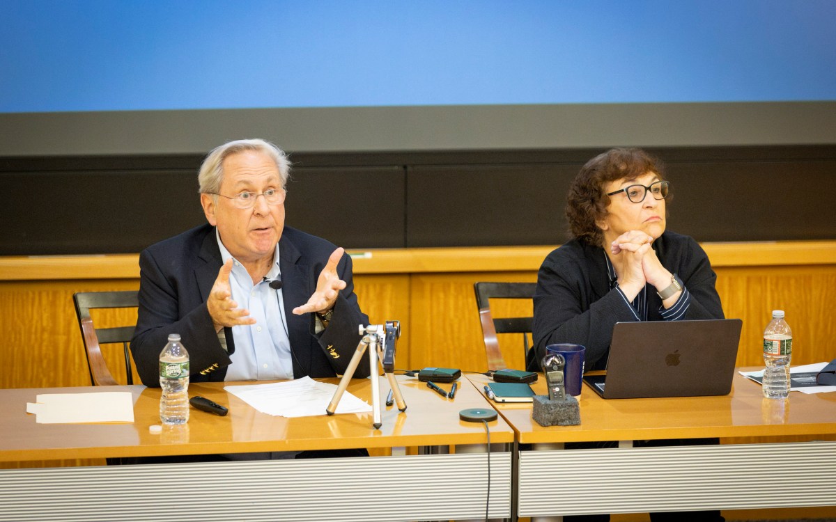 David Hoffman (left) and Yevgenia Albats speaking during the event.