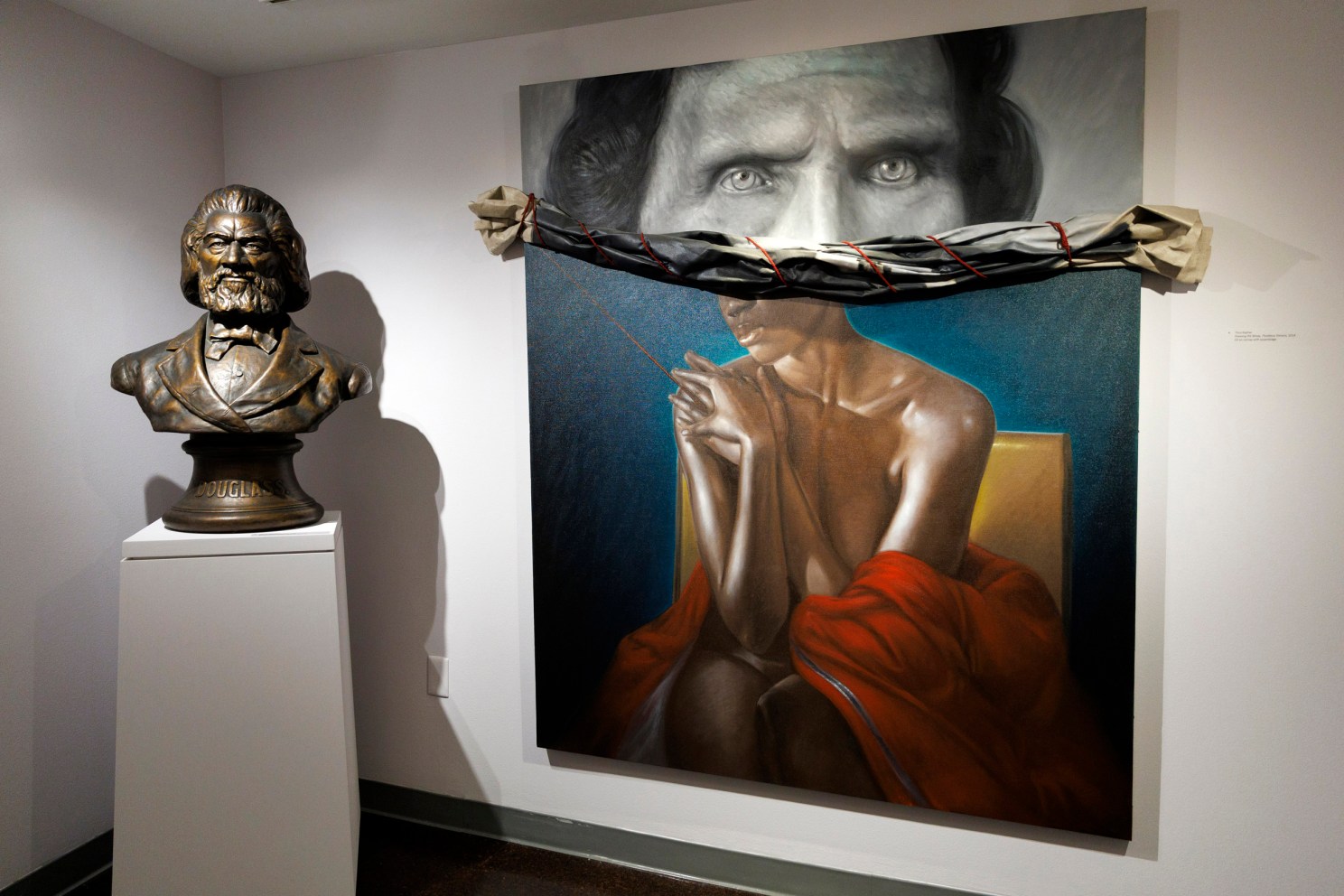 Bust of Frederick Douglass, 1919, by Isaac S. Hathaway (left) and Drawing the Blinds, Thaddeus Stevens, 2014, by Titus Kaphar a