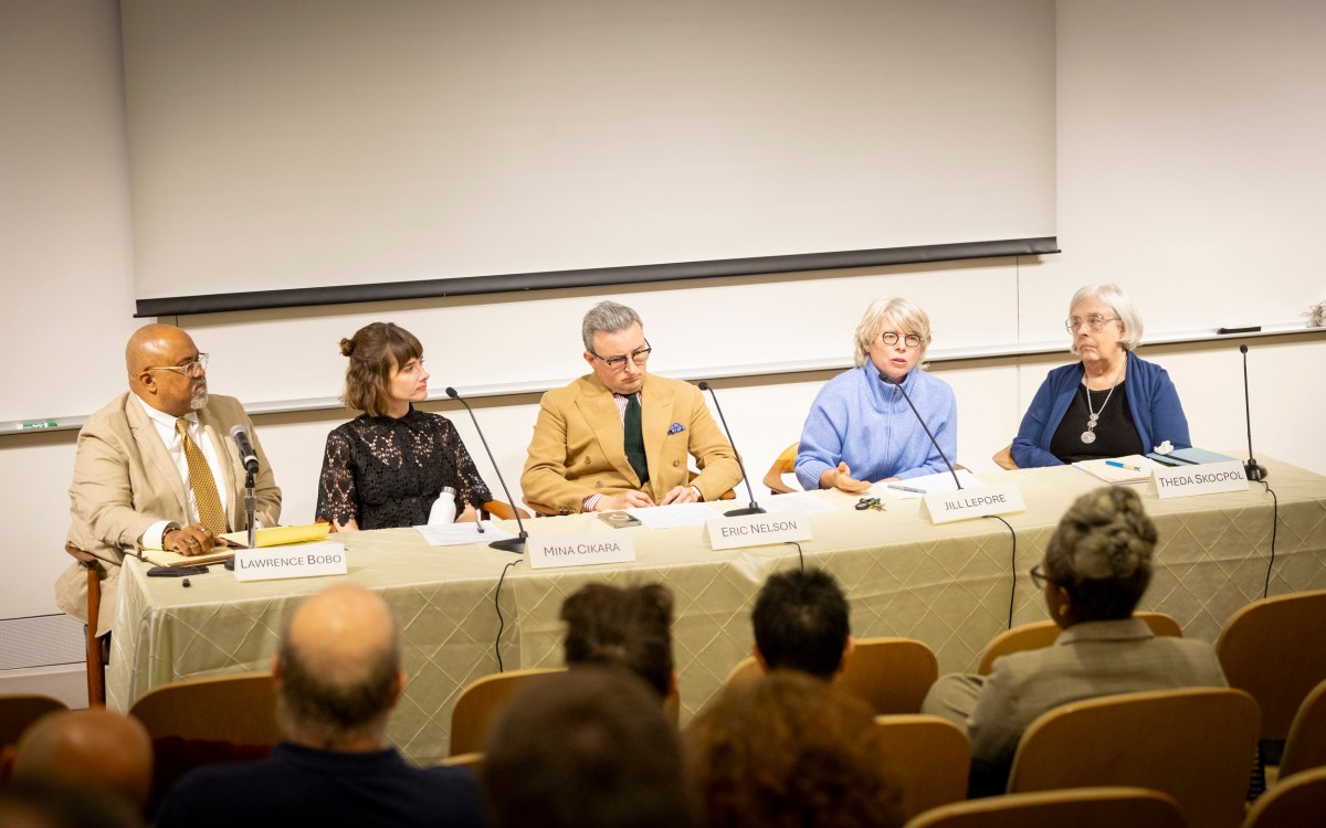 Lawrence Bobo (from left), Mina Cikara, Eric Matthew Nelson, Jill Lepore, and Theda Skocpol speaking during the event.