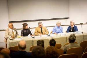 Lawrence Bobo (from left), Mina Cikara, Eric Matthew Nelson, Jill Lepore, and Theda Skocpol speaking during the event.