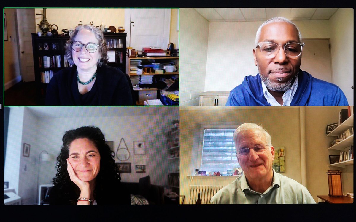 Host Meira Levinson (clockwise from top left), Carlton Green, Richard Weissbourd, and Kara Pranikoff speak during the online session.