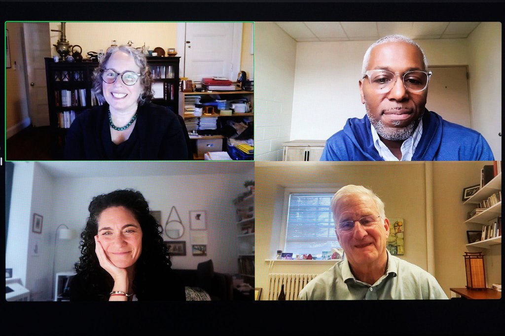 Host Meira Levinson (clockwise from top left), Carlton Green, Richard Weissbourd, and Kara Pranikoff speak during the online session.