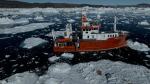 A research vessel carrying Fiamma Straneo during recent work in west Greenland. Credit: Aurora Roth and Robert Sanchez (SIO-UCSD)