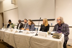 Marcus Hunter (from left), Daniel Fryer, Christopher Lewis, Debora Spar, Erin Kelly, and James Gibson speaking during the event. Photos of a panel from the CRISES “Are Reparations the Answer?” Conference held in William James Hall B1 at Harvard University. The panel is titled “Redefining Justice: Moral, Ethical, and Political Dilemmas in Addressing Reparations and Racial Justice,” and features Daniel Fryer, Assistant Professor of Law and Philosophy at the University of Michigan, Christopher Lewis, Assistant Professor at Harvard Law School, James Gibson, Sidney W. Souers Professor of Government at Washington University in St. Louis, Debora Spar, Jaime and Josefina Chua Tiampo Professor of Business Administration at Harvard Business School, and Erin Kelly, Fletcher Professor of Philosophy at Tufts University. Marcus Hunter, Scott Waugh Endowed Chair in the Social Sciences Division, Professor of Sociology & African American Studies at the University of California Los Angeles, is the panel’s discussant.