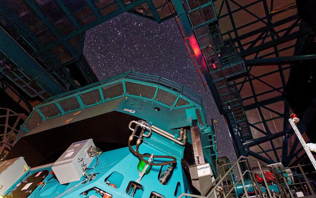 This photo shows Rubin's Simonyi Survey Telescope taking on-sky observations/