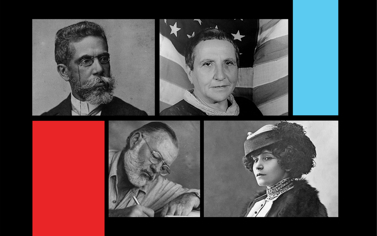 Portraits of Machado de Assis, Gertrude Stein, Colette, and Ernest Hemingway.