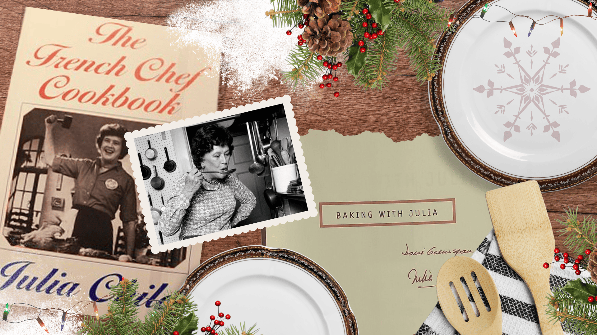 Collage of Julia Child photos, a cook book, plates, and baking supplies. 