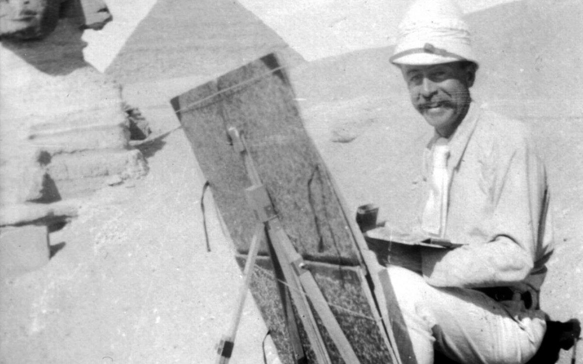 Undated photo of Joseph Lindon Smith painting near the Sphinx at Giza, looking west. Courtesy of the Dublin Historical Society.