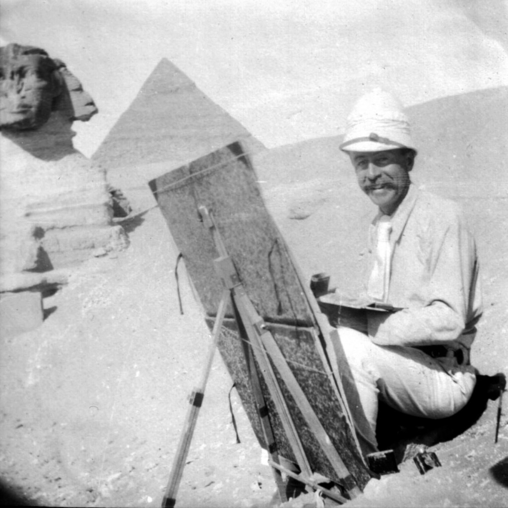 Undated photo of Joseph Lindon Smith painting near the Sphinx at Giza, looking west. Courtesy of the Dublin Historical Society.