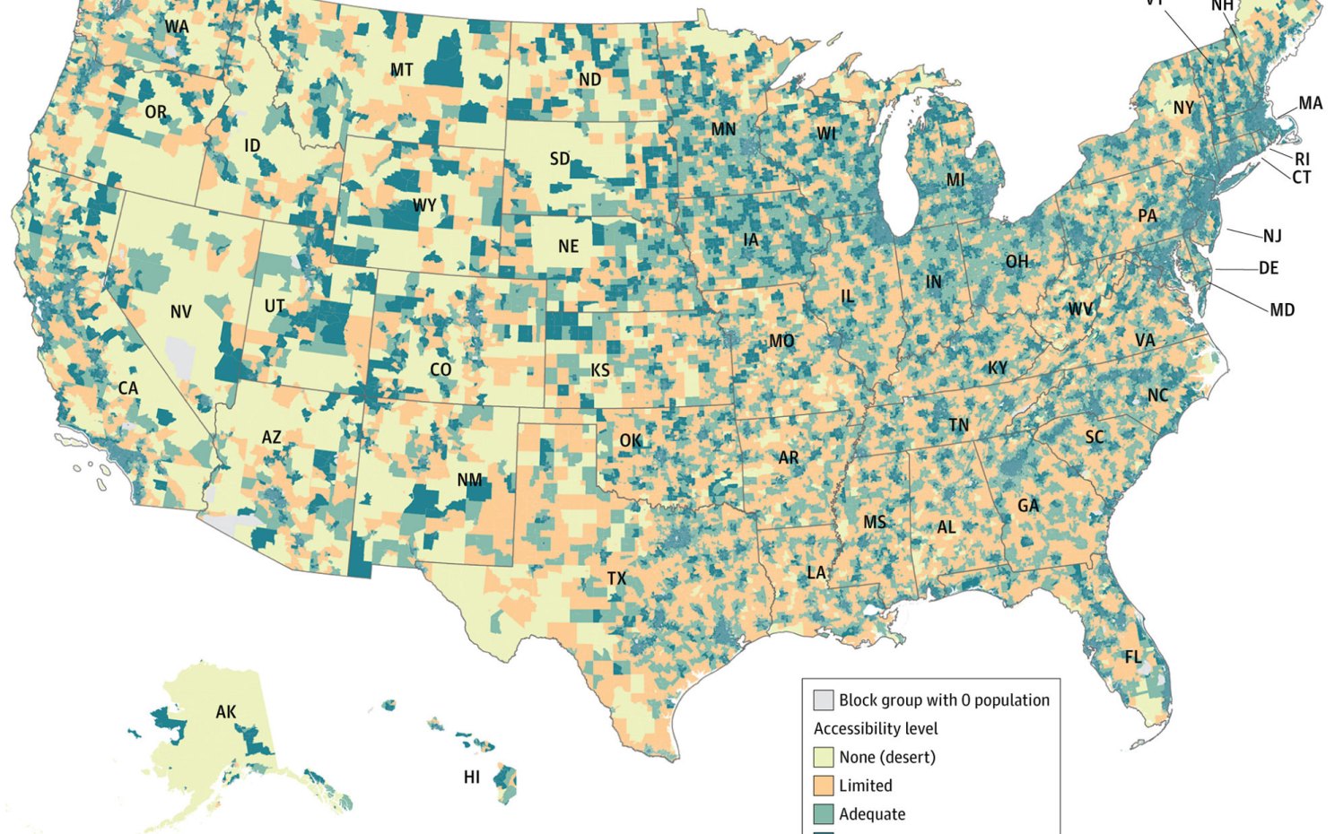 Map showing dental deserts across country.