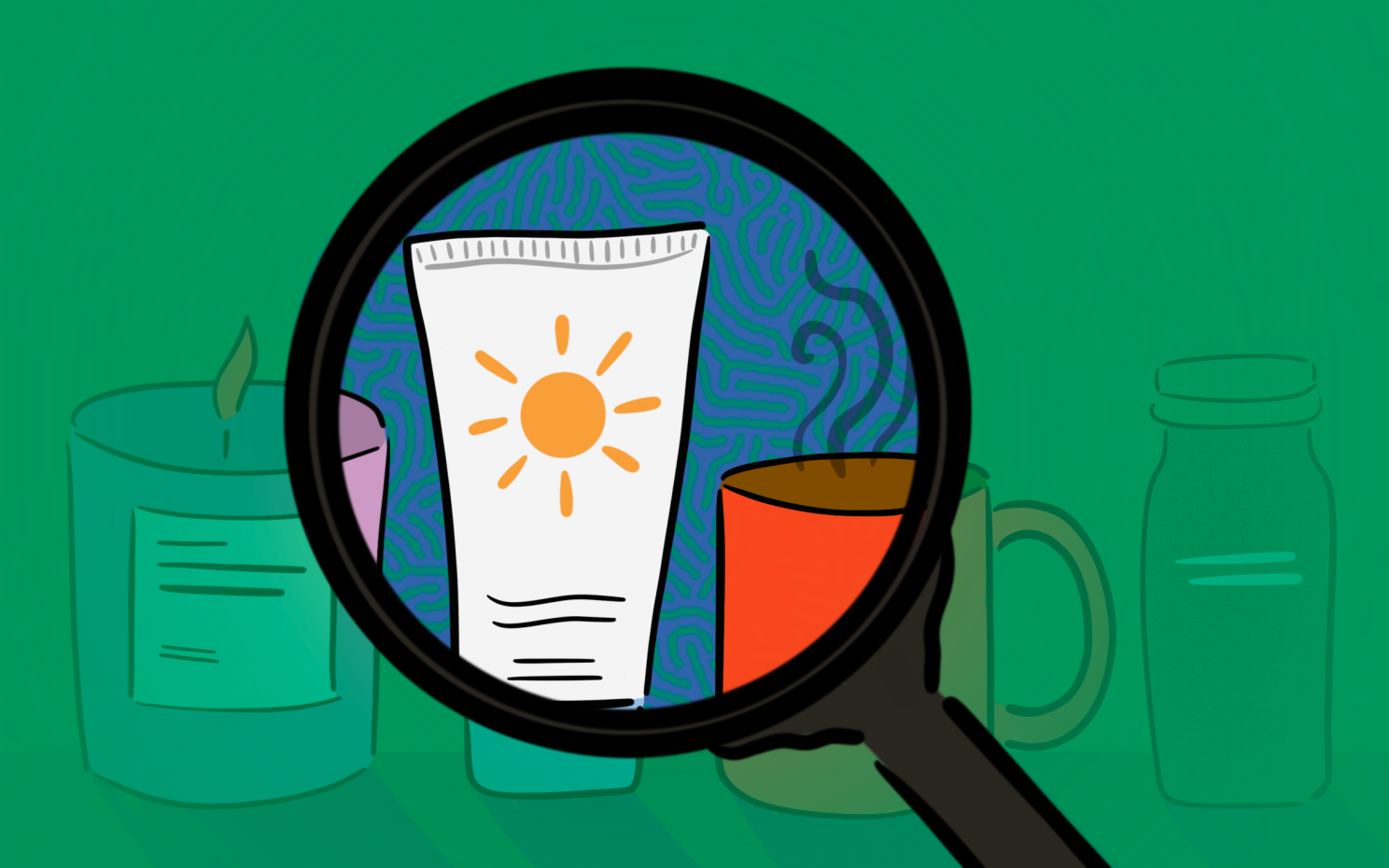 magnifying glass looking at a candle, sunscreen, coffee, and spice