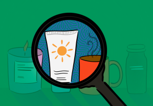 magnifying glass looking at a candle, sunscreen, coffee, and spice