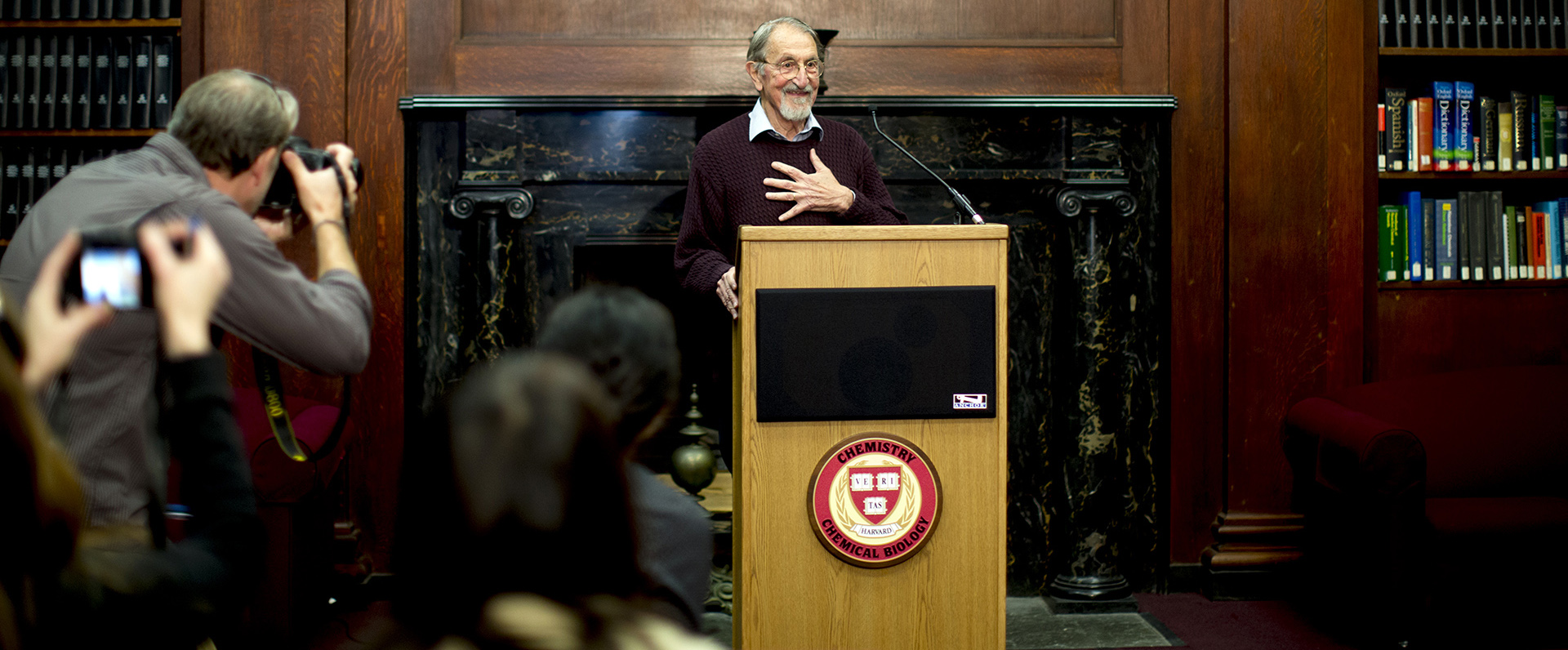 Martin Karplus at a press conference after winning the Nobel Prize in Chemistry in 2013.