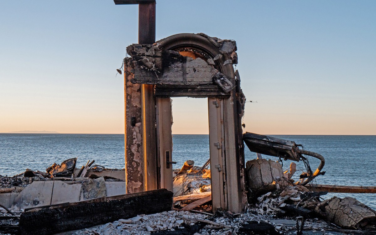 Entrance to a waterfront home burned in Los Angeles wildfire is all that is left standing.