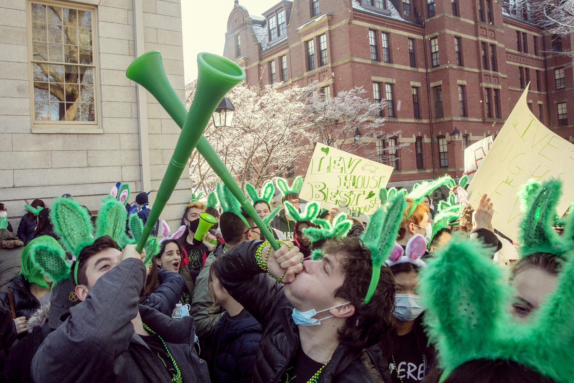 Leverett House trumpeters toot their horns skyward.