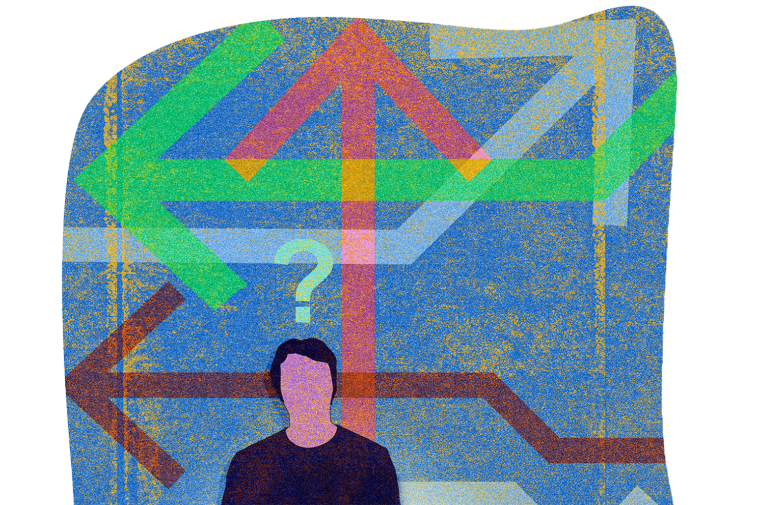 Illustration of a person surrounded by arrows and question marks.