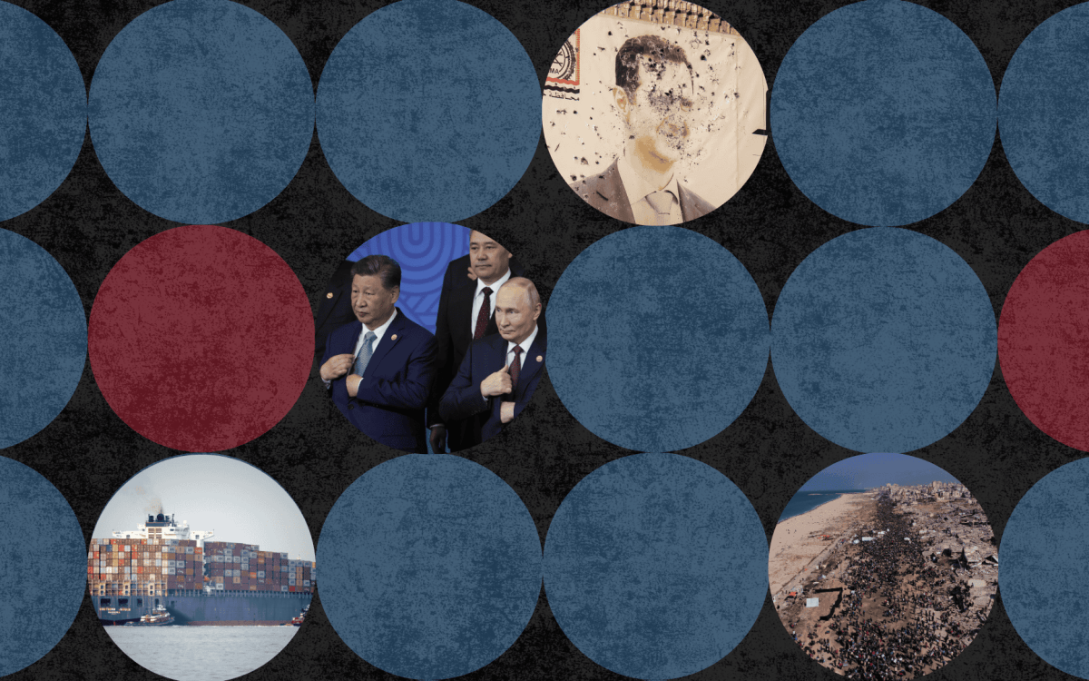 Collage of global political topics including container ship, Xi Jinping and Vladimir Putin, mural of ousted Syrian President Bashar Assad, riddled with bullets, displaced Palestinians streaming back to the rubble of Gaza.