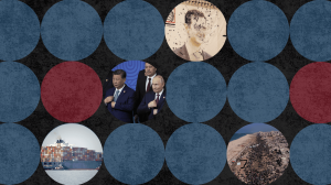 Collage of global political topics including container ship, Xi Jinping and Vladimir Putin, mural of ousted Syrian President Bashar Assad, riddled with bullets, displaced Palestinians streaming back to the rubble of Gaza.