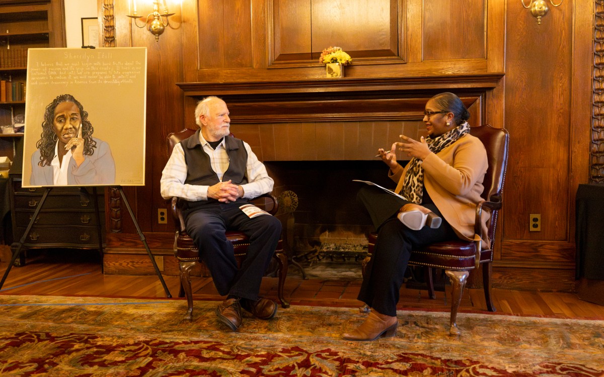 Robert Shetterly ’69 (left), portraitist, and Brenda Tindal,.