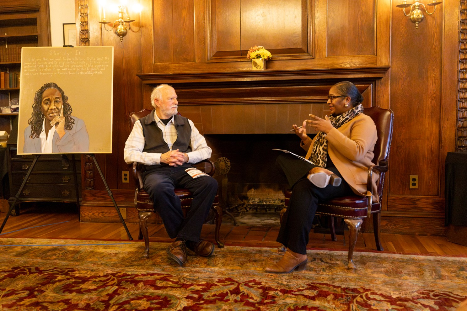 Robert Shetterly ’69 (left), portraitist, and Brenda Tindal.