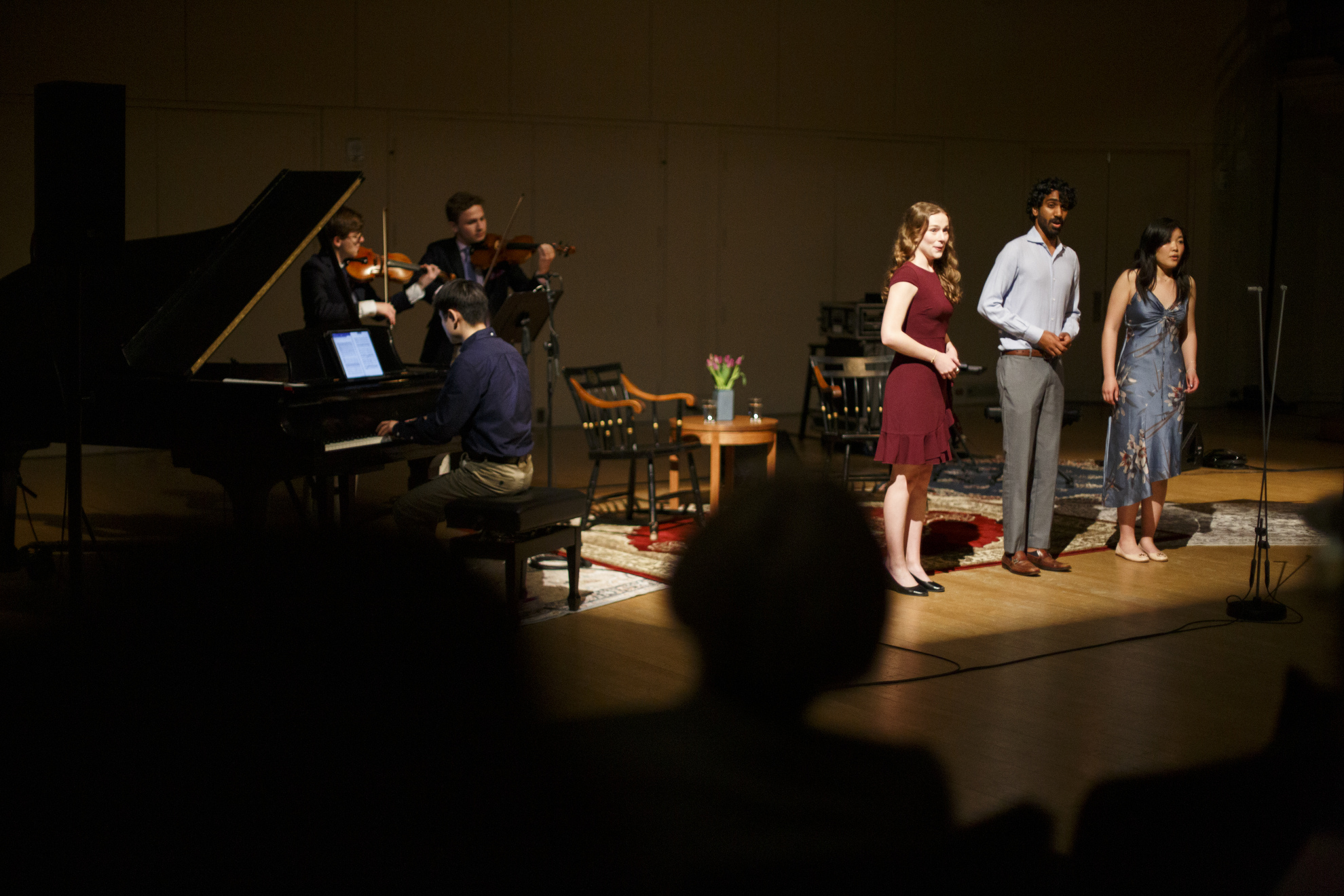 The Harvard College Opera performs in Lowell Lecture Hall during the 2025 Harvard Arts Medal ceremony honoring recipient Davóne Tines, ’09, the operatic bass-baritone who was presented the award by President Alan Garber.
