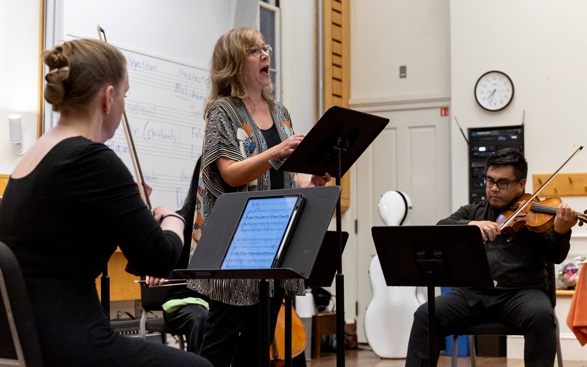 Krista River sings, backed by the Arneis Quartet, at Harvard's Mahindra Humanities Center.