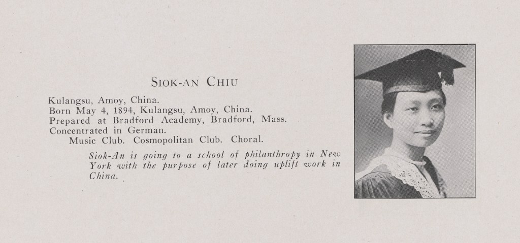 1919 Radcliffe Institute yearbook entry for Siok-An Chiu Wu