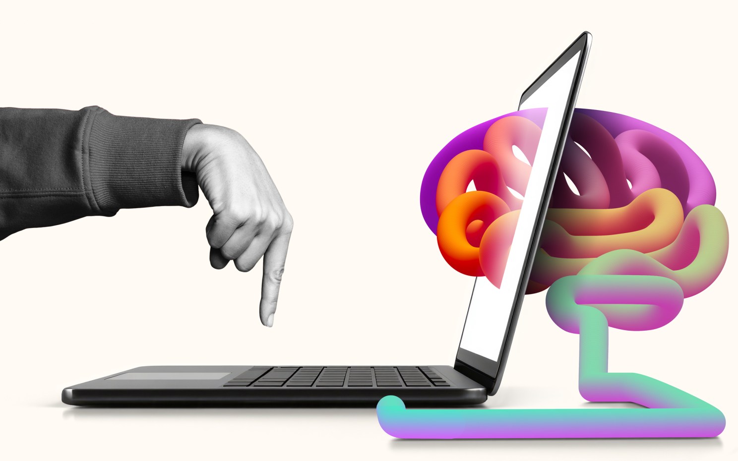 Illustration of computer with finger and AI sharing the screen.