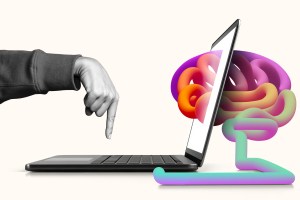 Illustration of computer with finger and AI sharing the screen