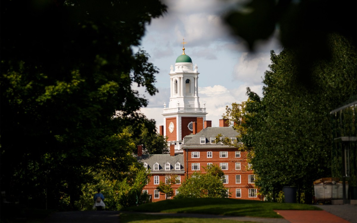 The Eliot House tower is framed by trees.