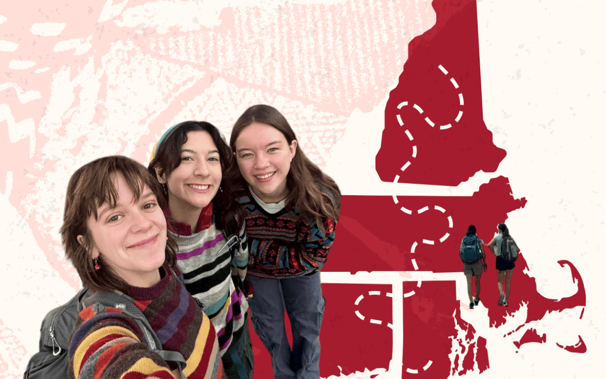 Photo illustration of Eden Fisher, Amelia Heymach, and Addie Kelsey and a map of New England.