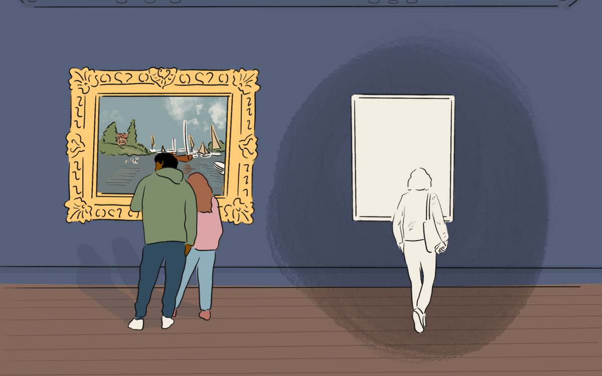 Couple standing in front of a vibrant painting versus a woman staring at a blank painting