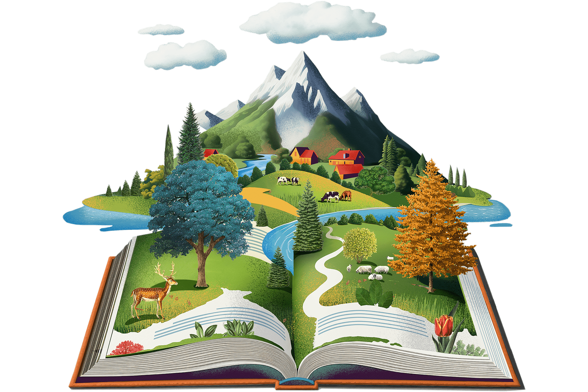 Illustration of book opening up to beautiful landscape.