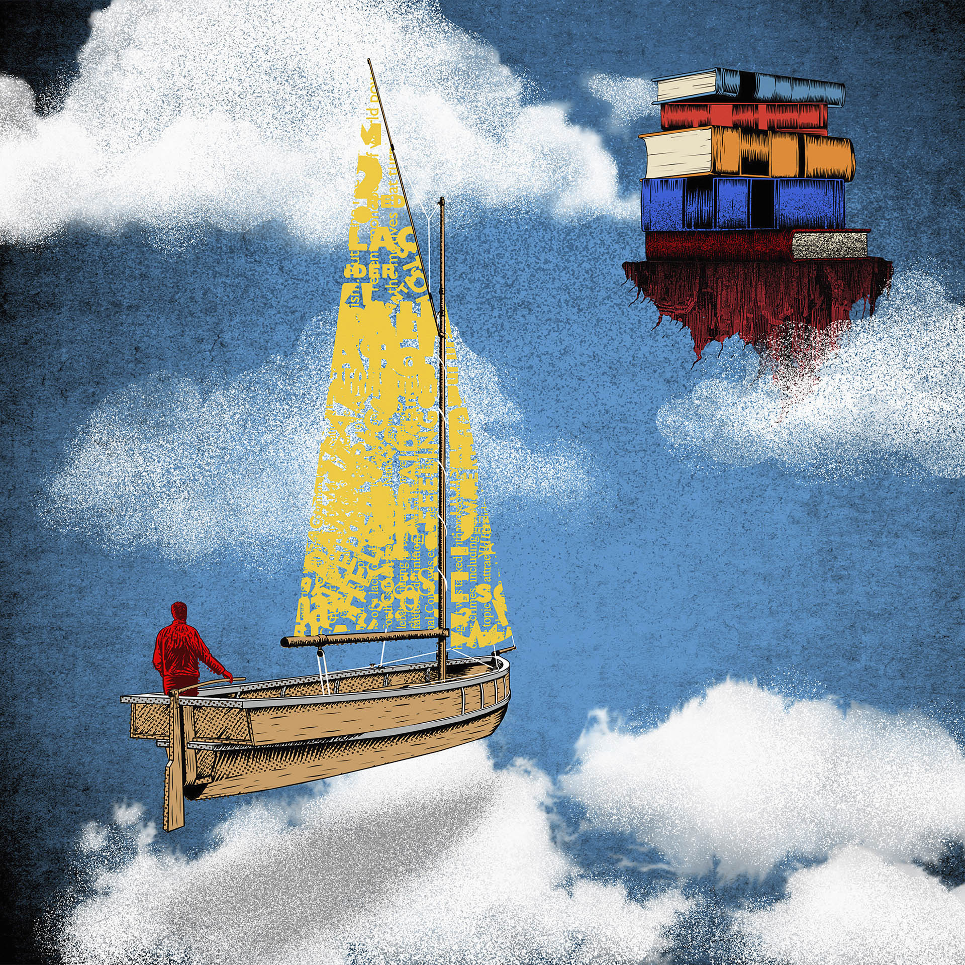 Illustration of person sailing in a boat in the sky toward a stack of books.