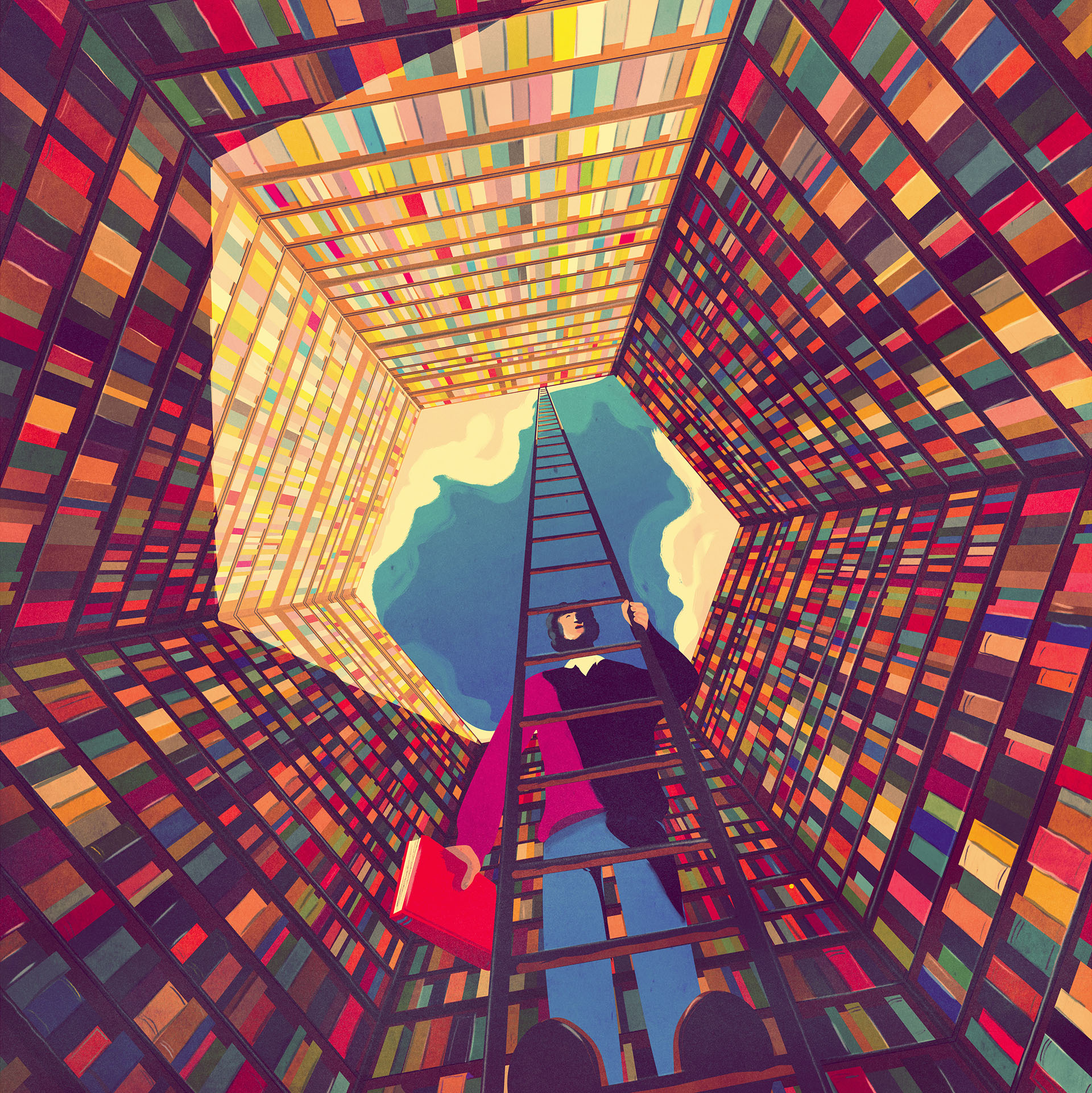 Illustration of reader climbing ladder to access colorful tower of books.