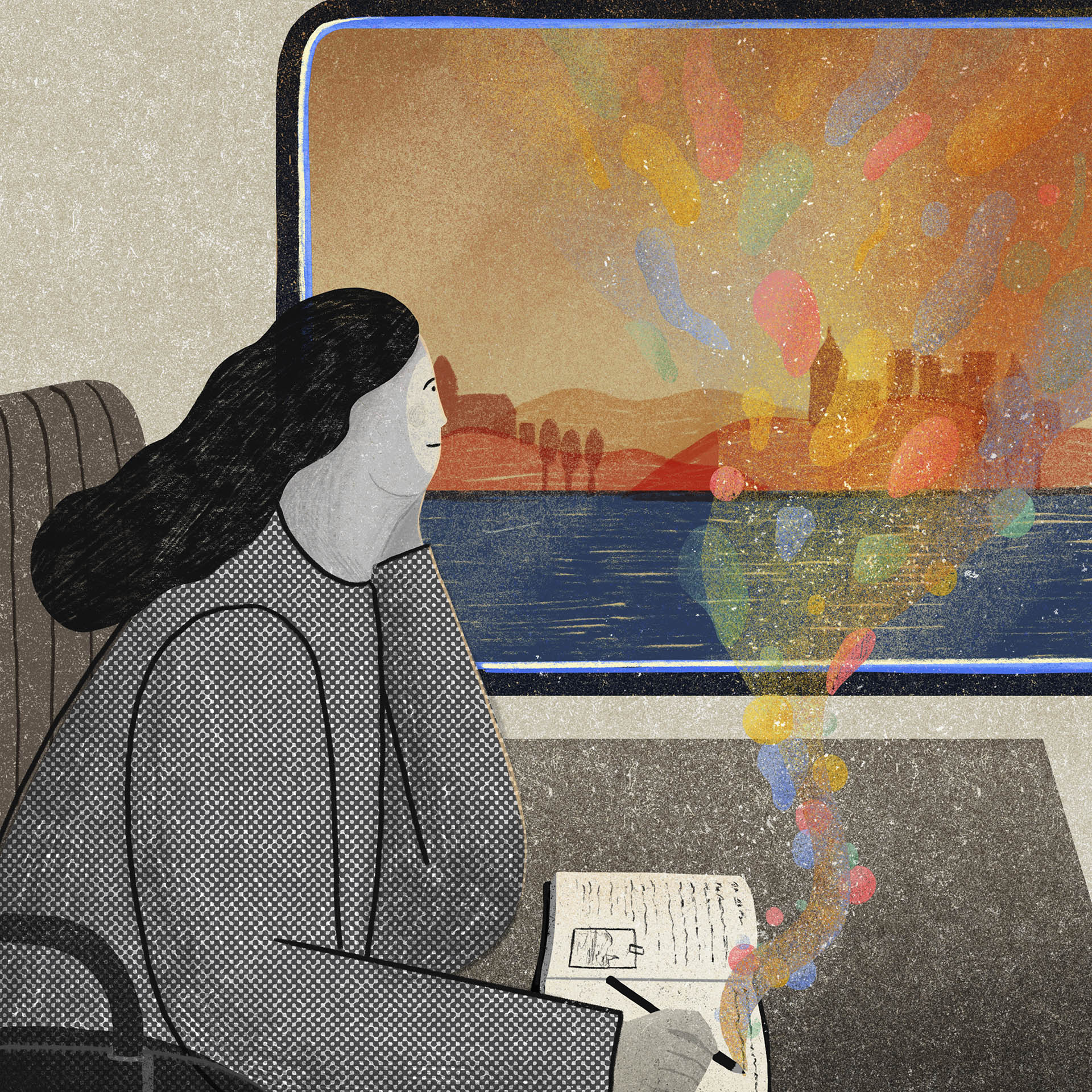 Illustration of a person looking out the window of a train while writing.