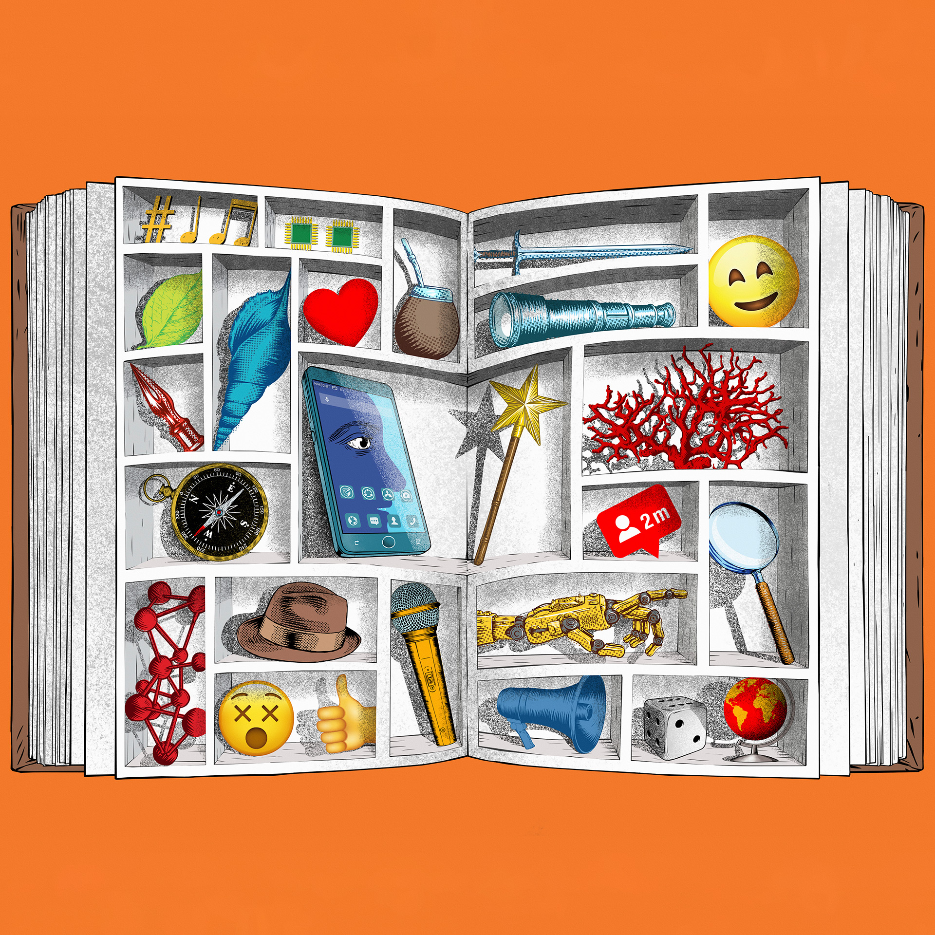 Illustration of book as cabinet of curiosities.