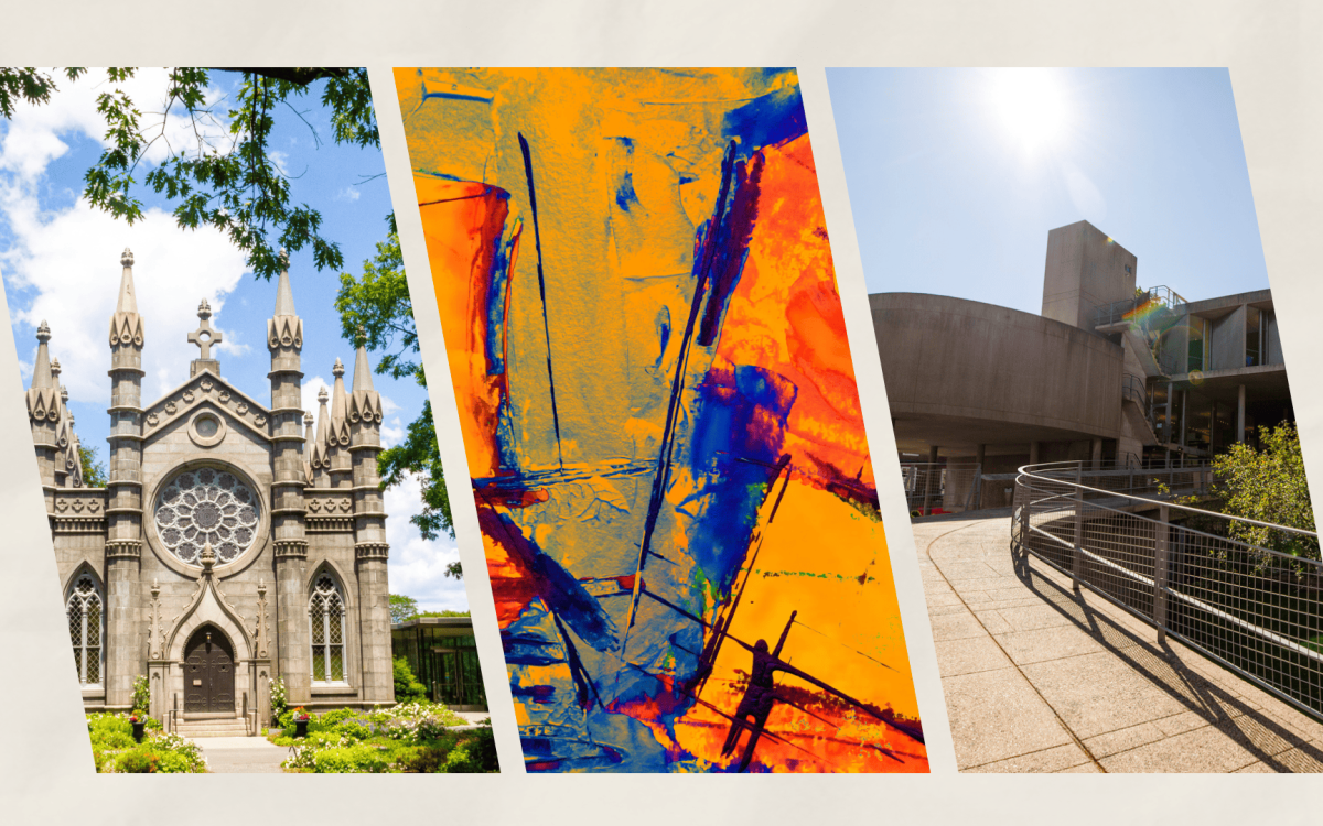 Collage of Mount Auburn Cemetery, artwork, Carpenter Center.
