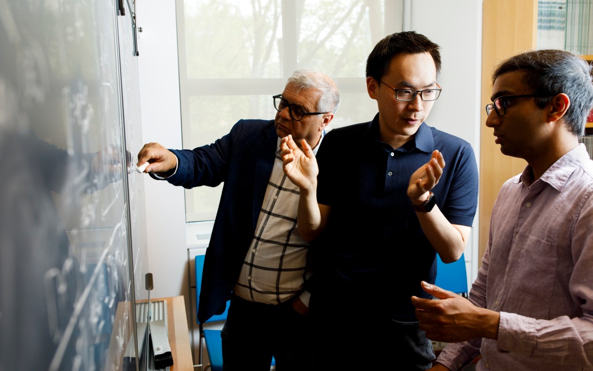 John Wang (center) discusses part of his coronavirus research with Eugene Shakhnovich (left), and doctoral student Vaibhav Mohanty (right)