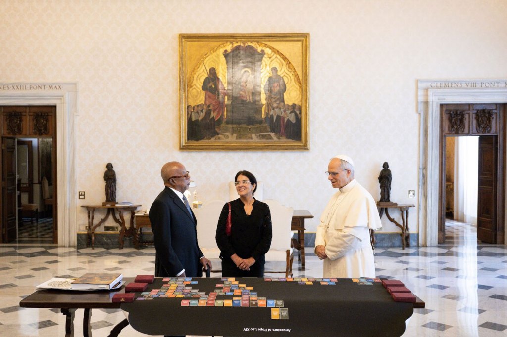 Henry Louis Gates Jr. with his wife, historian Marial Iglesias Utset, and Pope Leo XIV.