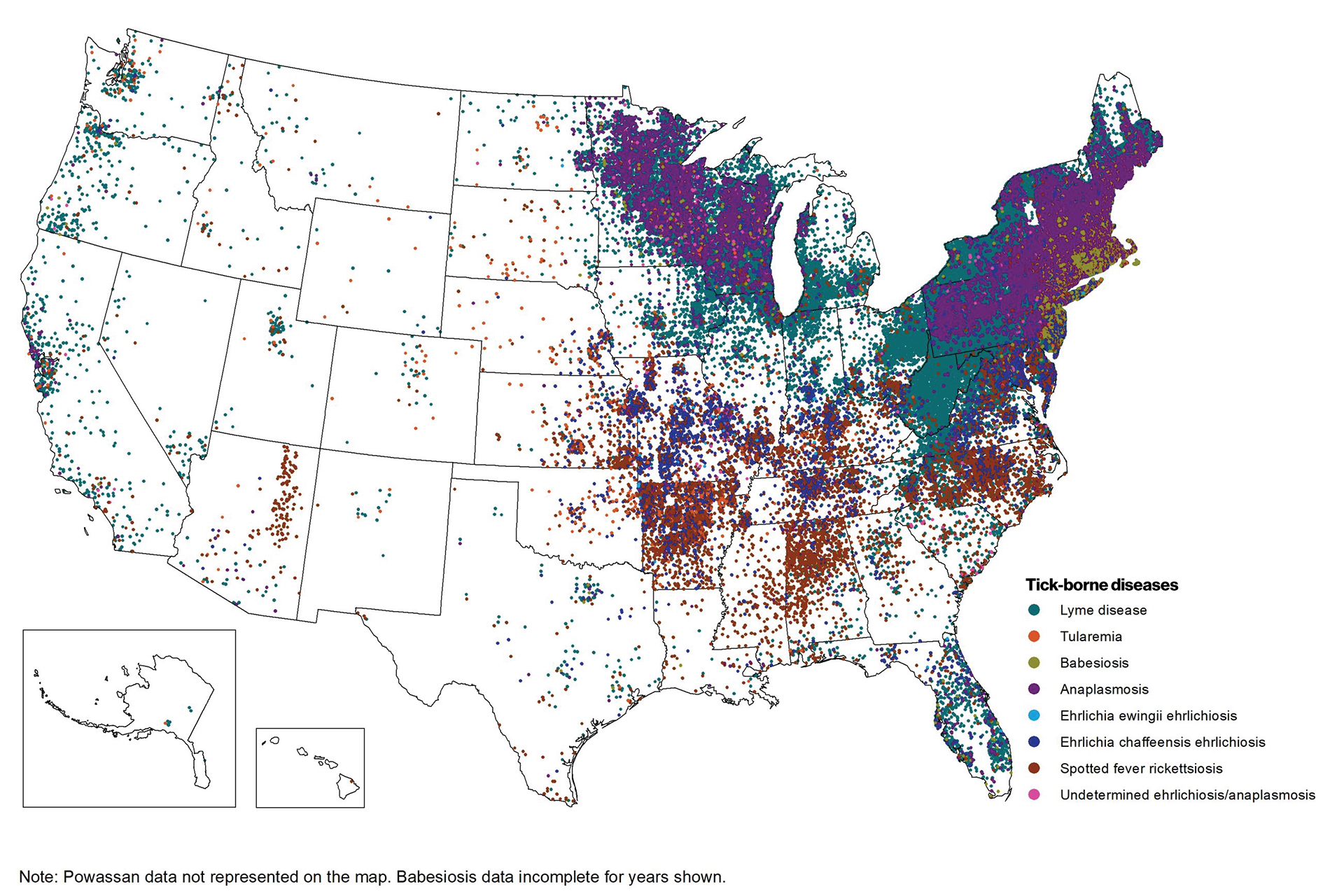 CDC map of reported tick-borne diseases in U.S., 2019-2022, shows heavy concentration in Northeast and Midwest.