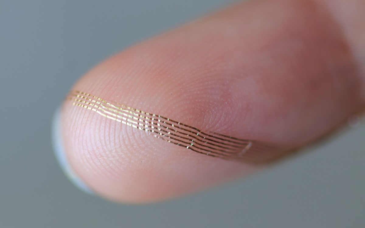 Axoft's flexible neural probe is displayed on a finger tip for perspective.