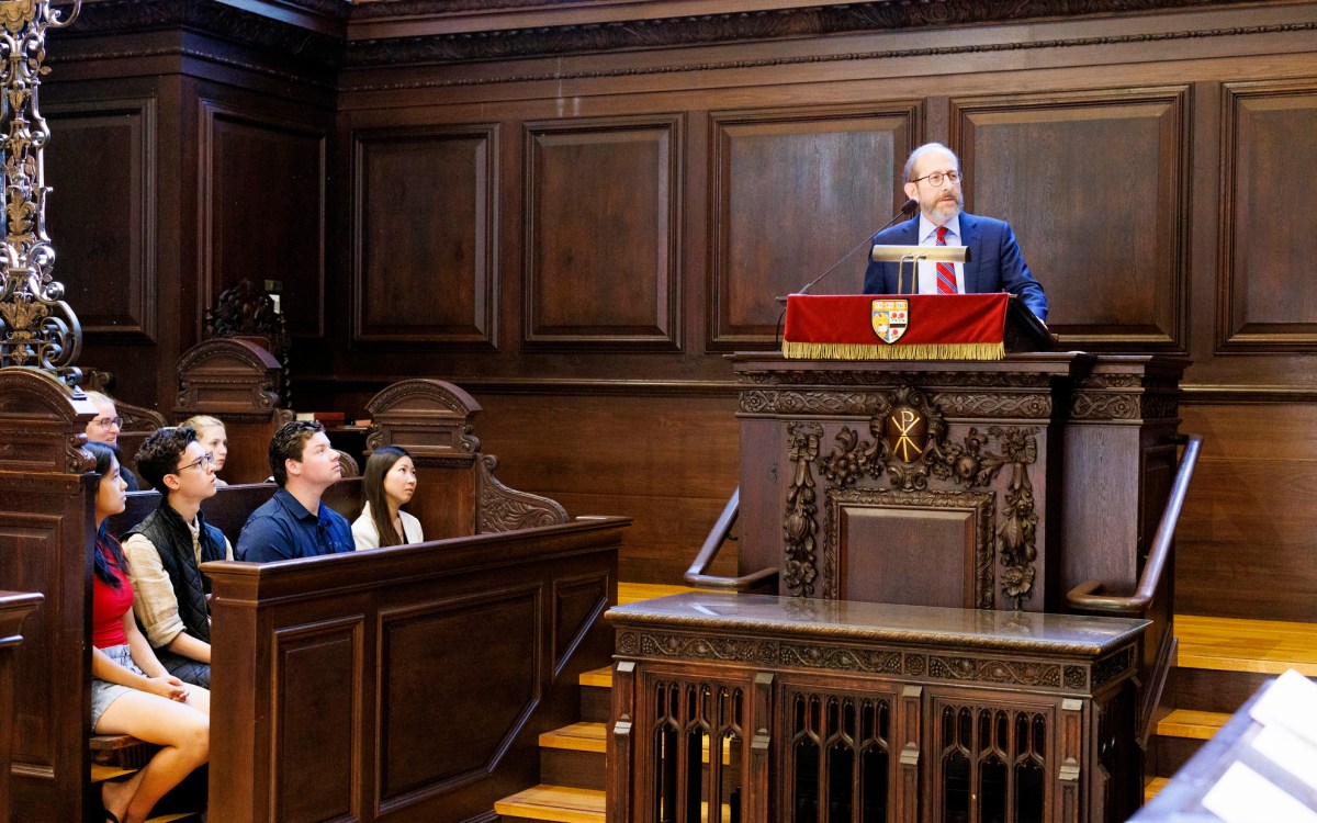 Harvard President Alan Garber speaks during The Memorial Church’s Morning Prayers.