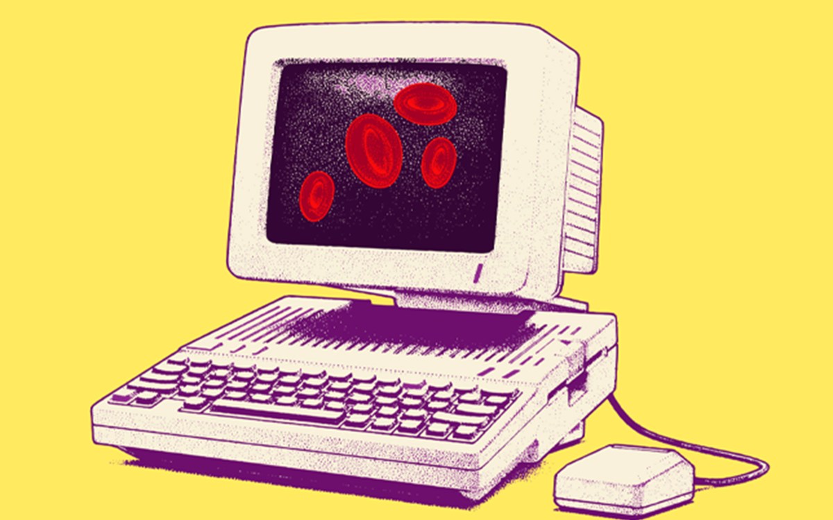 a drawing of a computer with red blood cells displayed on the screen.