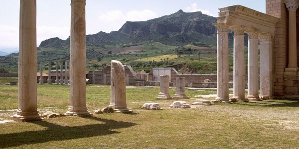 Columns in front of the restored gymnasium in the Roman civic center at Sardis.